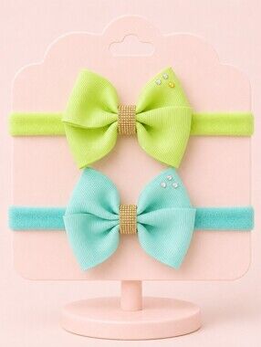 ⭐Handmade Elastic Headbands Set Ribbon Bows In Aqua And Green